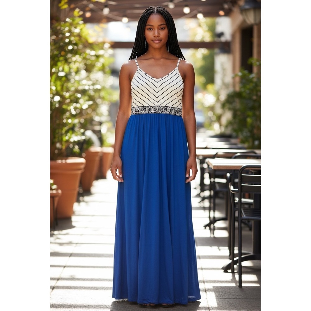 The Vanity Room Womens 2X Maxi Dress Blue Striped Empire Waist Sleeveless Boho